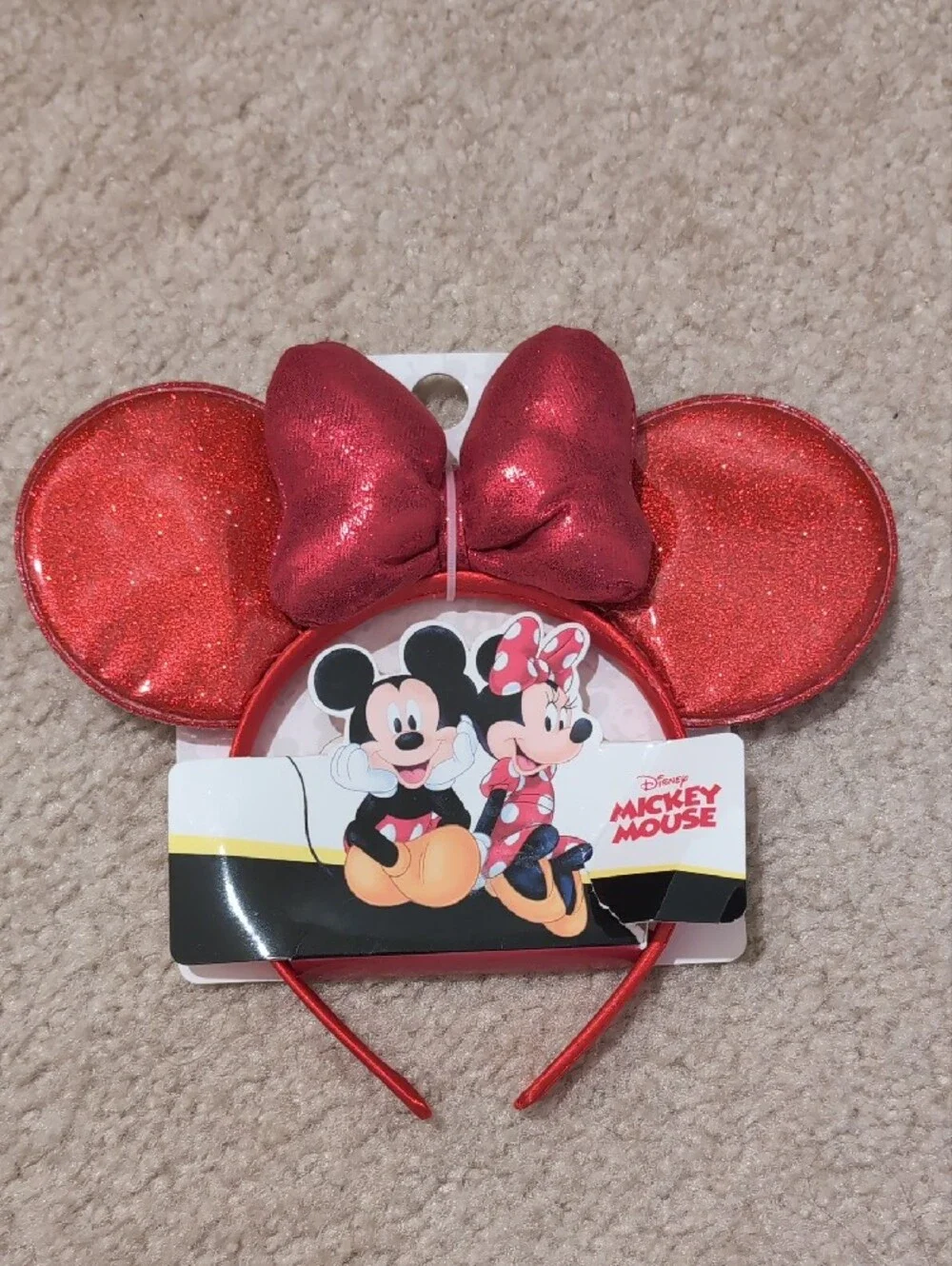 Disney Red Glitter Minnie Ear Headband with Heart Bow